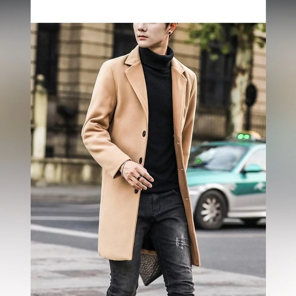 Men's Wool Blend Pea Coat Notched Collar Single Breasted Overcoat tan medium
